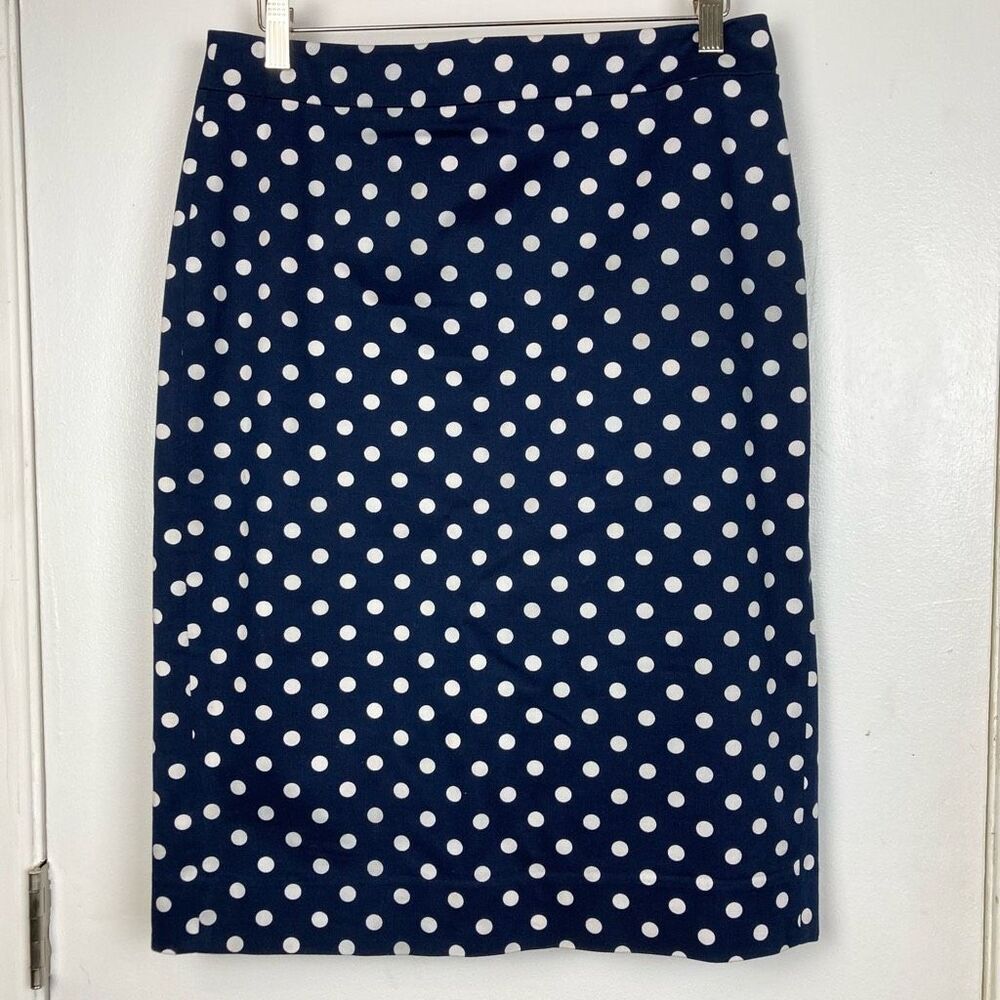 J. Crew No 2 Pencil Skirt Navy White Polka Dot Stretch Cotton sz 8 Preppy Office - Picture 2 of 11